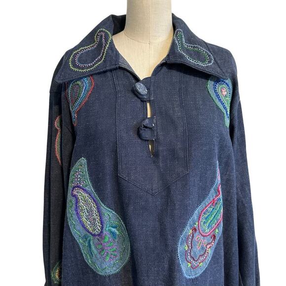 Vintage 70s Denim Paisley Hand Stitched Tunic M/L - Picture 2 of 12
